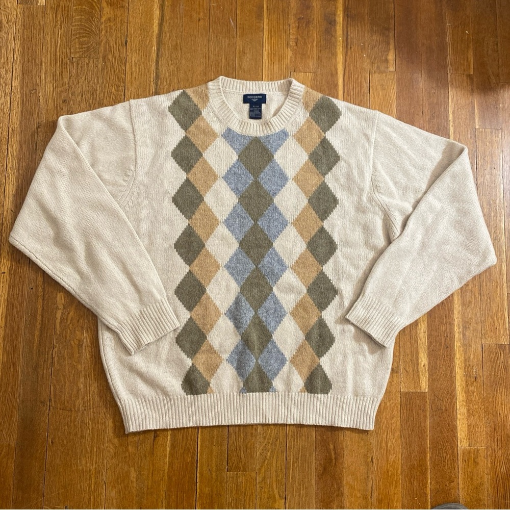 Dockers Wool Sweater Men's Size XL* Tan Multicolor Argyle Casual Crew Neck